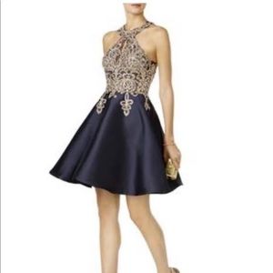 Xscape Fit and Flare Dress - Blue/Gold - Size 6